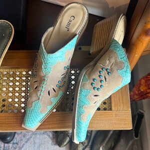 Y2K Cami Teal and Taupe Western Mule Heels